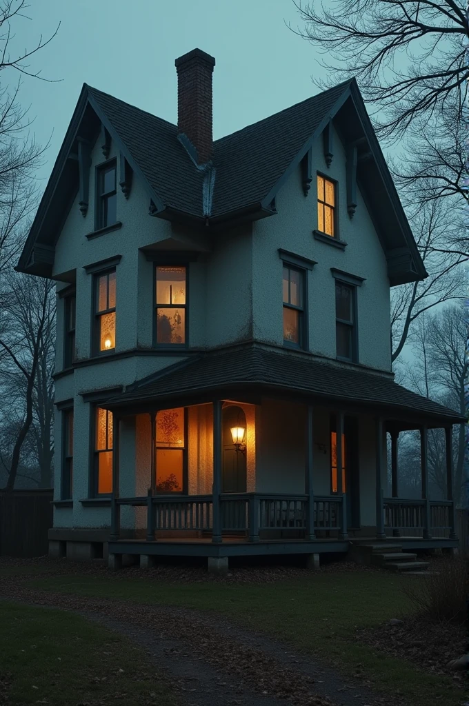 Many people inside (inside the house) of an old two-story house with a window on the second floor, The house is empty and it's already morning, the atmosphere is lonely