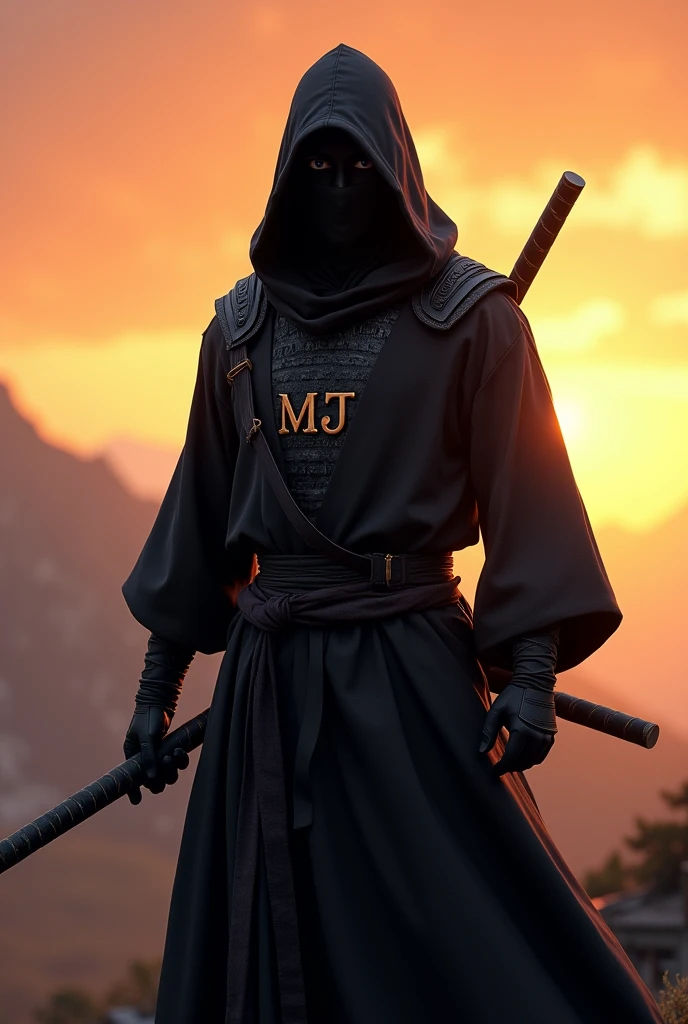 An animated ninja in full black under the dawn wearing Bhutanese gho carrying a sword with the name MJ on the iron chest guard