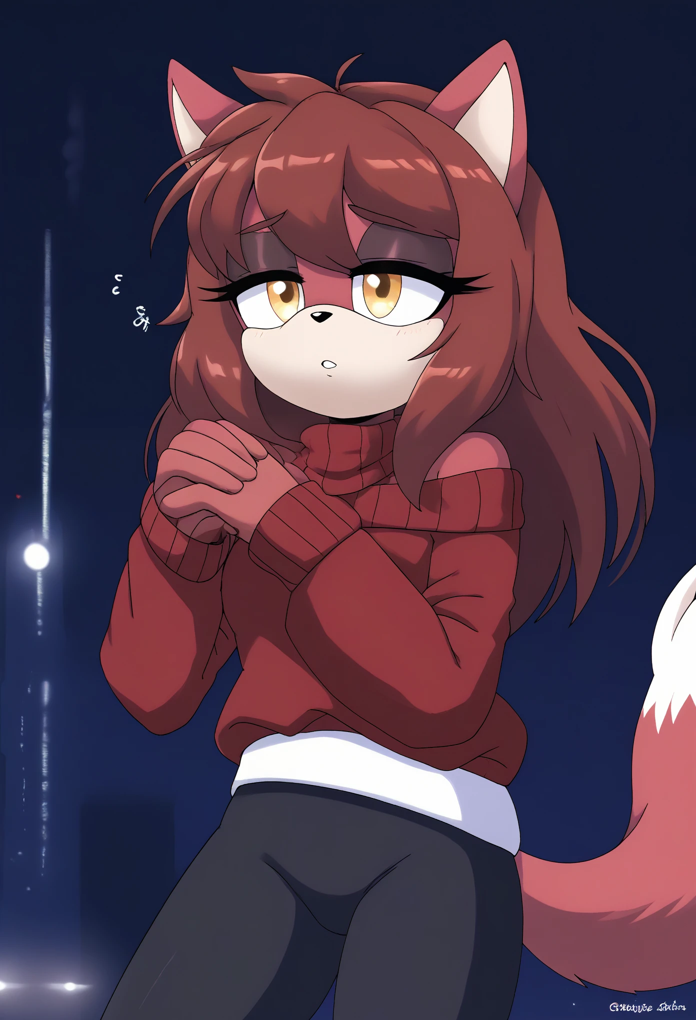 (1girl), (solo), Female Fox, dark burgundy fur, long hair, fringe_trim styled hair bangs, amber eyes, medium bust, black off shoulder sweater, sweater dress, yoga pants, loose white belt, long sleeves over hands, makeup, eyelashes, nighttime, dim city lights, tired expression, sleepy, mobian, mobius city