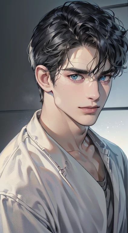 (best quality,4k,8k,highres,masterpiece:1.2),ultra-detailed,(realistic,photorealistic,photo-realistic:1.37),1 man,3,mature man,very handsome,without expression,smile,short grey black hair,blue eyes,penetrating gaze,perfect face without errors,imposing posture,businessman,office background,cinematic lighting,hdr image