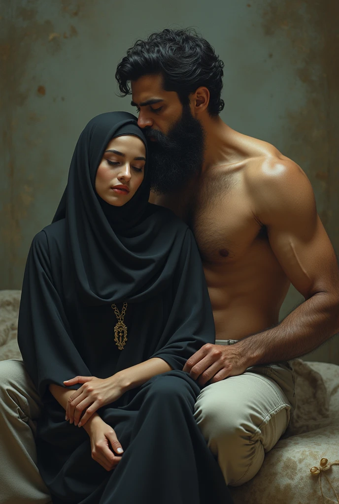 A beautiful, religious, hijabi Muslim girl sitting on lap of a naked tall dominant Punjabi man