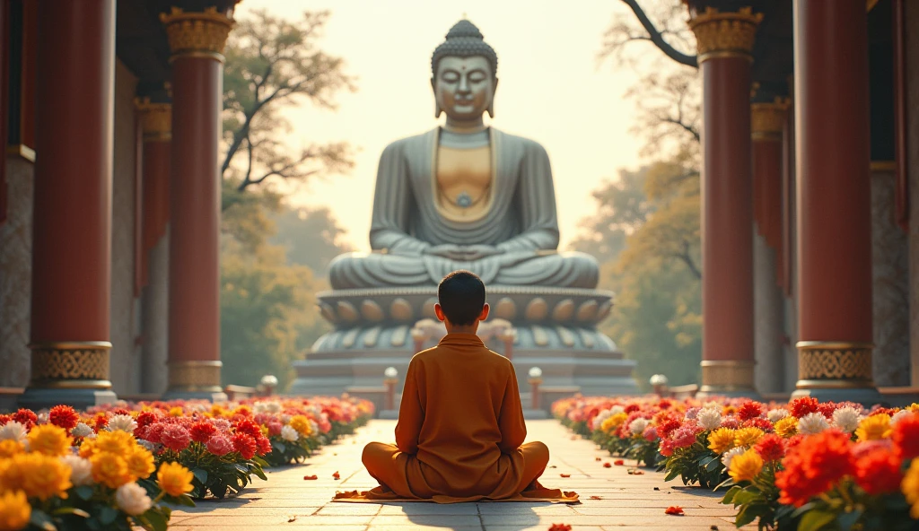 Monk child Great Buddha The surrounding background is Buddhist flowers