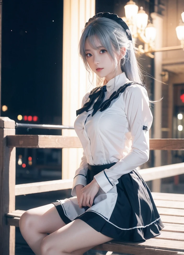 Anime girl in maid costume sitting on a bench,The background is a city, Best Anime 4K Konachan Wallpapers, Fine details. Girls Frontline, sh, from Girls Frontline, From the Azur Lane video game, Night Core, Azur route style, Cute anime girl in a beautiful skirt, Perfect white-haired girl, Attractive anime girl, Smooth anime CG art
