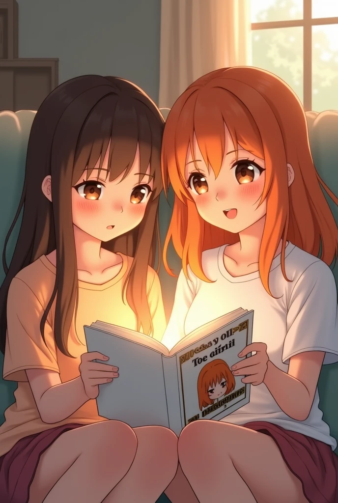 Two anime style softy friends looking at each other one of the girls has long brown hair and the other girl has long orange hair, They are reading a book with their eyes open, a light comes out of the book, The book is white and has on its cover the profile of a girl with orange hair and above the girls reading is the phrase &quot;The Days of April&quot; in Spanish., The girls are happy and have brown eyes 