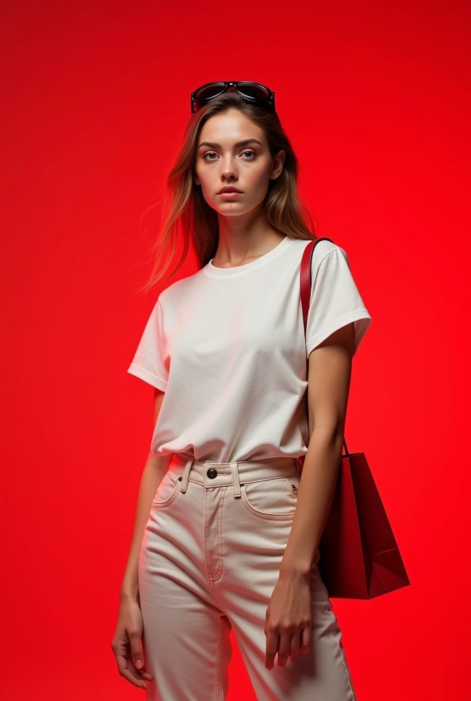 Same girl with the Red background and the t -shirt colour is pure white and medium size t shirt and the girl wear a black colour googles and a shopping bag in her hand . Make sure she stand in different angles and poses
