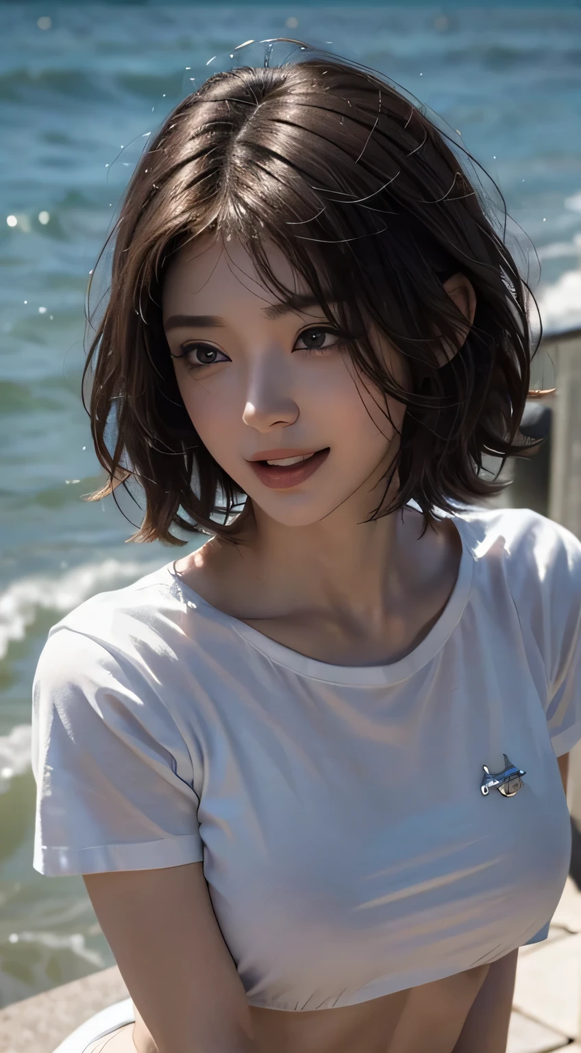highest quality、8k、32K、Masseter muscle part、nffsw:1.3)、cute japanese girl、1 girl、short hair、profile、(crack your abs、slim body shape:1.2)、(lips) 、（orange hair）、double eyelid、shiny skin、realistic rays of light、big、beautiful face、(laughter:1.3)、squat、(From above:1.2)、(Close-up:1.4)、coastal、white t-shirt、blurred background、(front focus)、(dark: 1.6)、fantasy art、photo realistic、professional lighting、highly detailed face、award-winning、deep shadow、((Ultra-realistic raw photos)),fine eyes,Eyes like the real thing,fine hair,