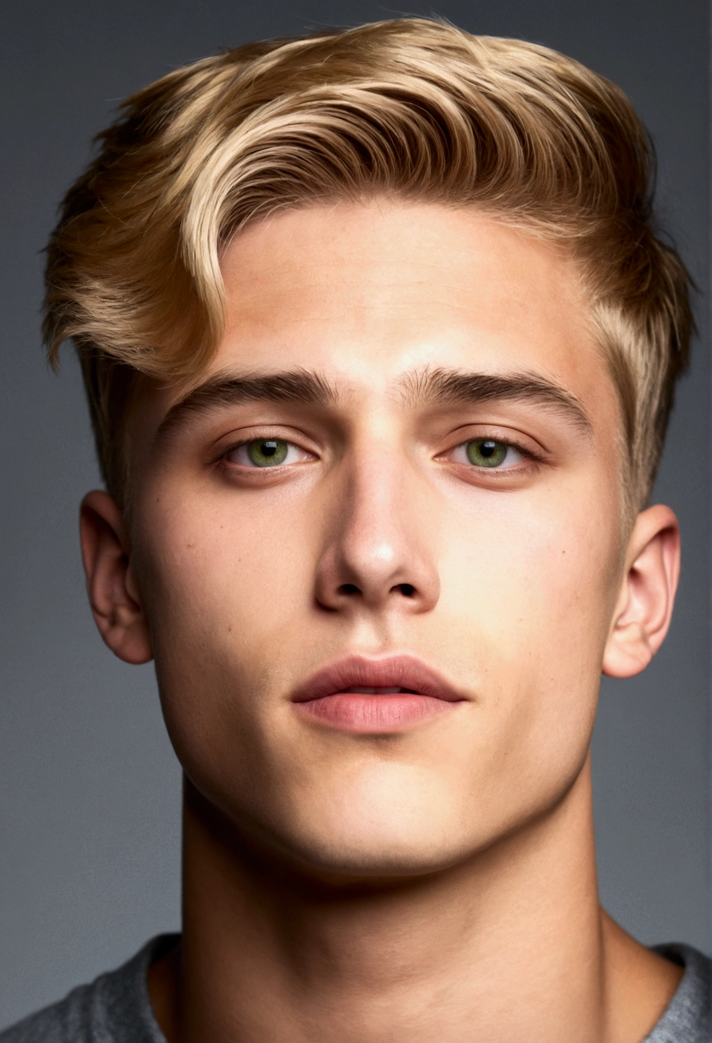 Photography, Young male perfection, 18, strong jaw, without cleft chin, full lips, fine nose, Short blonde hair, green eyes, Hyper realistic, 8k--v 4