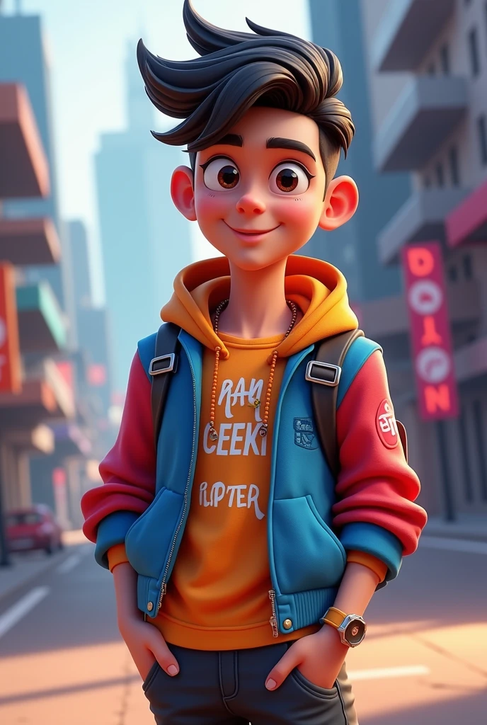 "Ek dynamic aur cute 3D character design kiye hue ladke ka image jo Free Fire ke profile picture ke liye ideal ho. Ladka, jiska naam Raju hai, stylish aur modern attire mein ho, jaise ki vibrant t-shirt aur trendy jacket. Uska hairstyle cool aur trendy ho, aur uski aankhon mein confidence aur playful expression ho. Background mein ek futuristic ya action-packed setting ho jo game ke theme se match kare. Image mein bright colors aur sharp details ho taaki yeh eye-catching aur engaging lage."