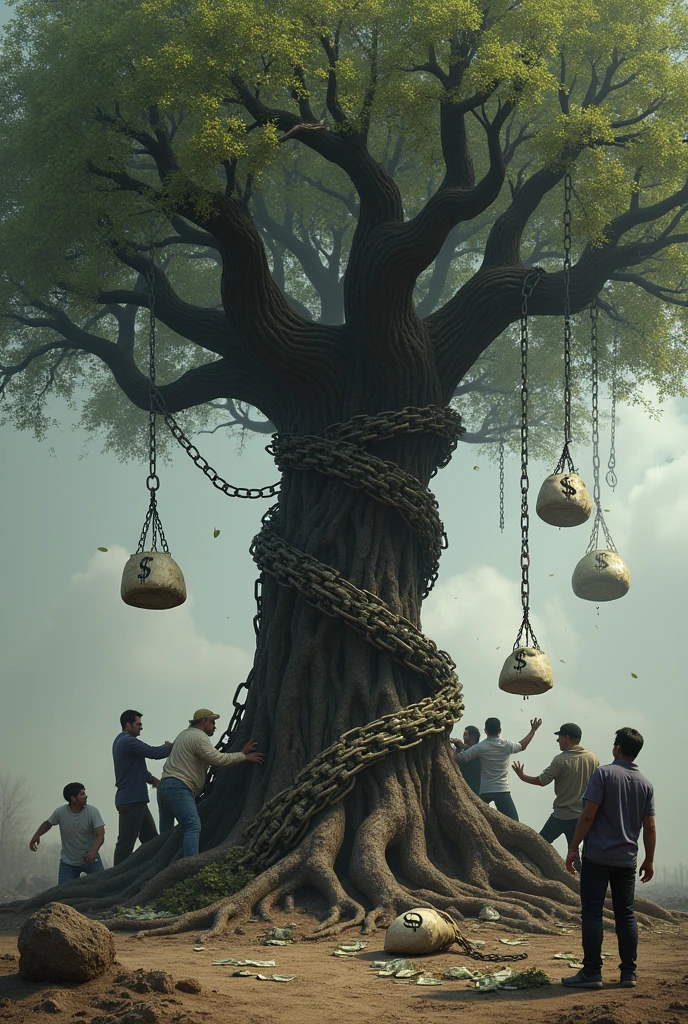 Create an ominous, gnarled tree in the center of the image to symbolize corruption. The tree has twisted branches and visible roots that spread out across the ground. Hanging from the branches are several bags of money, each marked with a currency symbol, representing stolen wealth. At the base of the tree, near the roots, show a tipped-over scale of justice to signify how corruption has disrupted fairness and law. Wrapped around the tree’s trunk is a heavy chain, with people at the base trying to break free from it, symbolizing how corruption traps and limits ordinary citizens. Finally, depict withered leaves falling from the branches, some scattered on the ground, to indicate the decay and harm caused by corruption.