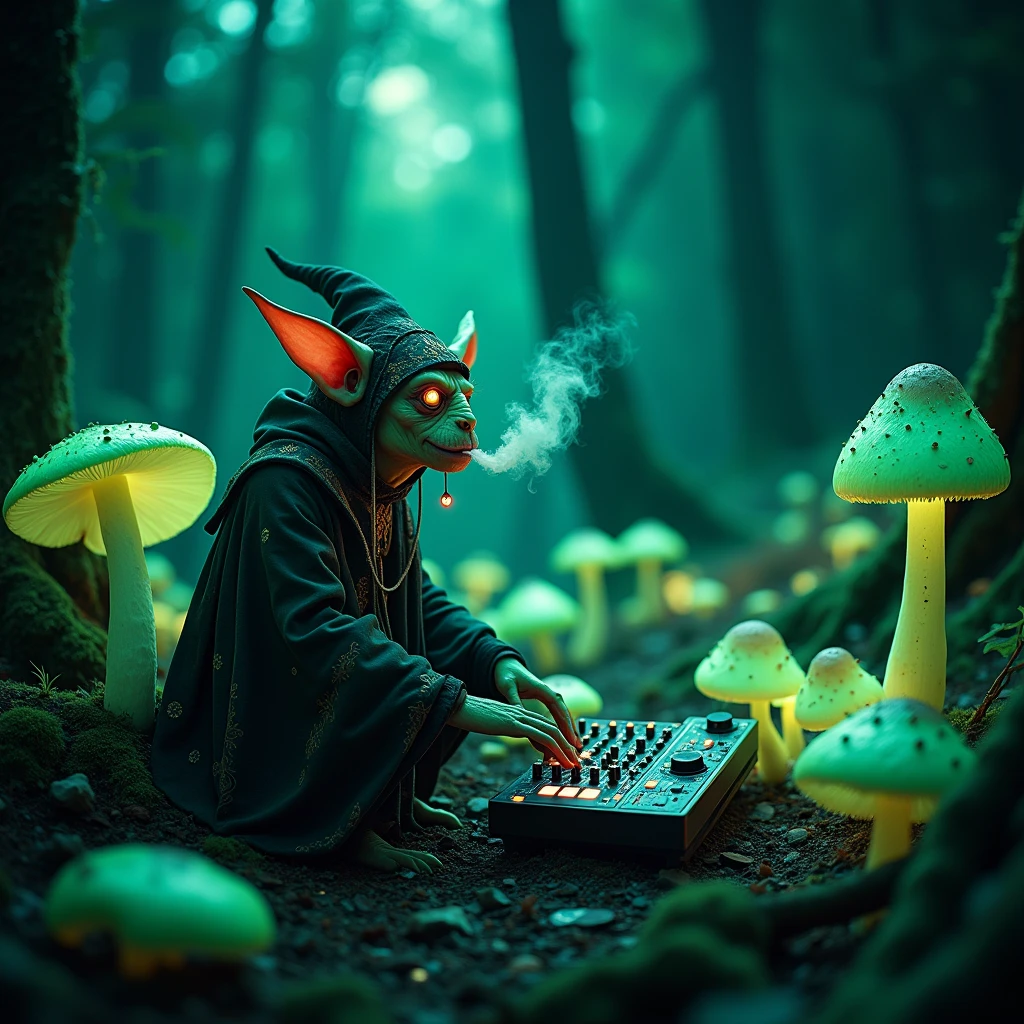 Nightvision footage of a goblin thats dressed like a wizard sitting on a shroom in a shroomforest while smoking out of his herb vaporizer while playing on audio interfaces and dj pults in the night
