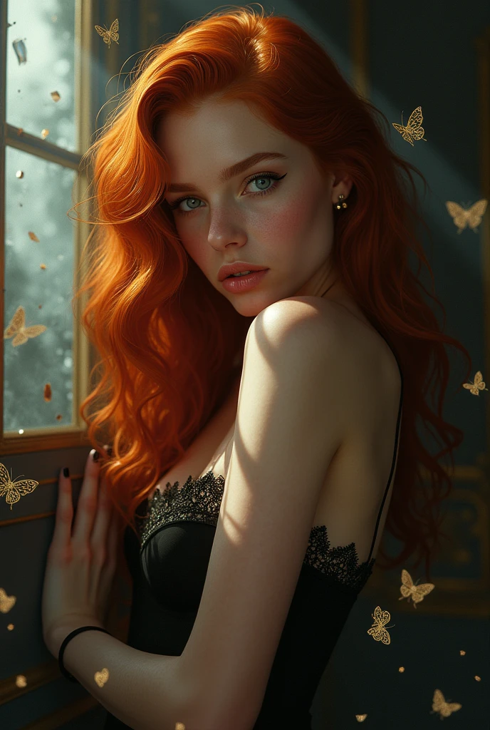 (solo, full body photo:1.3), (action packed:1.3), (haze, fog, mist:1.3), chiaroscuro, best quality, photorealistic, 1woman, (cute), (24yo:1.2), redhead, long ginger hair highly detailed, 1700'S, digital photography, art by artgerm and ruan jia and greg rutkowski surreal painting gold butterfly filigree, broken glass, (masterpiece, sidelighting, finely detailed Fashionable eyes: 1.2) (perfect oval large eyes that gazes at the viewer), beautiful detailed face, blue gorgeous perfect eyes, (blonde hair ponytail), (attractive young woman:1.3), (thick amazing hair), (seductive:1.1), (blushing:1.1)