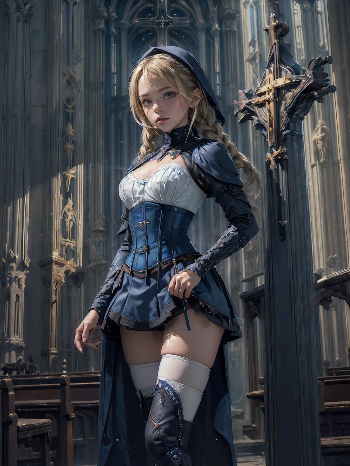 (((fantasy, cathedral:1.4))), (((midnight:1.4))), masterpiece, best quality, ultra-detailed, high resolution, extremely detailed cg, 8k, beautiful detailed eyes, depth of field, perfect anatomy, super detailed skin, cinematic lighting, dynamic lighting, anime picture, shiny hair and skin, detailed outfit, 【break】, ((cowboy shot, looking down , standing, zettai ryouiki, stylish poes:1.3)), (((a 1girl is , child, little young girl age8, soro:1.6))), ((afterglow)), (((blonde hair, Braided hair:1.3))), (beautiful detailed blue eyes), white-skinned, (((child short stature, child body shape, young face, cute face, small breasts, slim:1.4))), , wizard, ((Pure white silk, white blouse:1.3)), ((blue mini skirtt, blue corset, blue mantle:1.4)), ((White knee-high stockings:1.2)), ((white short boots)),
((pure white panties)),