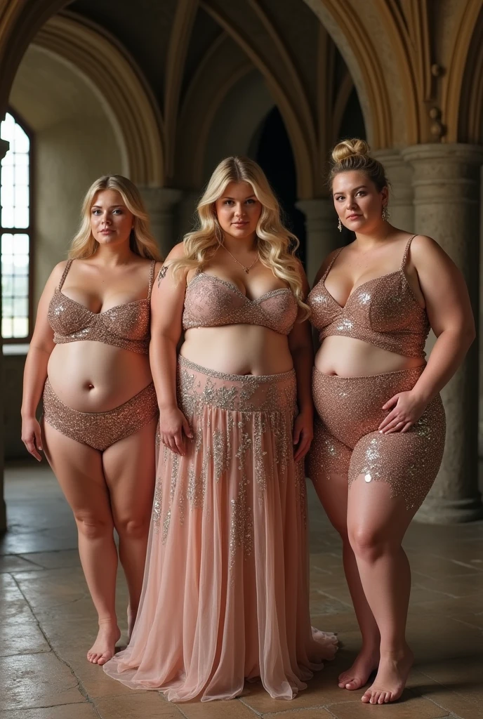 Three plus size model women have a lot of fat on their stomachs and buttocks and weigh 150kg, they gained weight by eating too much, they are blonde haired obese women with very big stomachs and buttocks, they are plus size models and their whole body is covered with a lot of fat, they are wearing glittering and gorgeous dresses for the promotion of a high-end clothing brand and are taking photos in an old castle, 4K quality