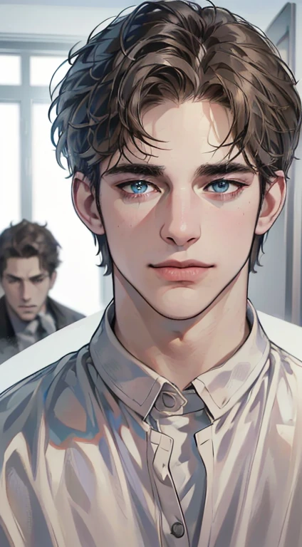 (best quality,4k,8k,highres,masterpiece:1.2),ultra-detailed,(realistic,photorealistic,photo-realistic:1.37),1 man,3,mature man,very handsome,without expression,smile,short grey brown hair,blue eyes,penetrating gaze,perfect face without errors,imposing posture,businessman,office background,cinematic lighting,hdr image