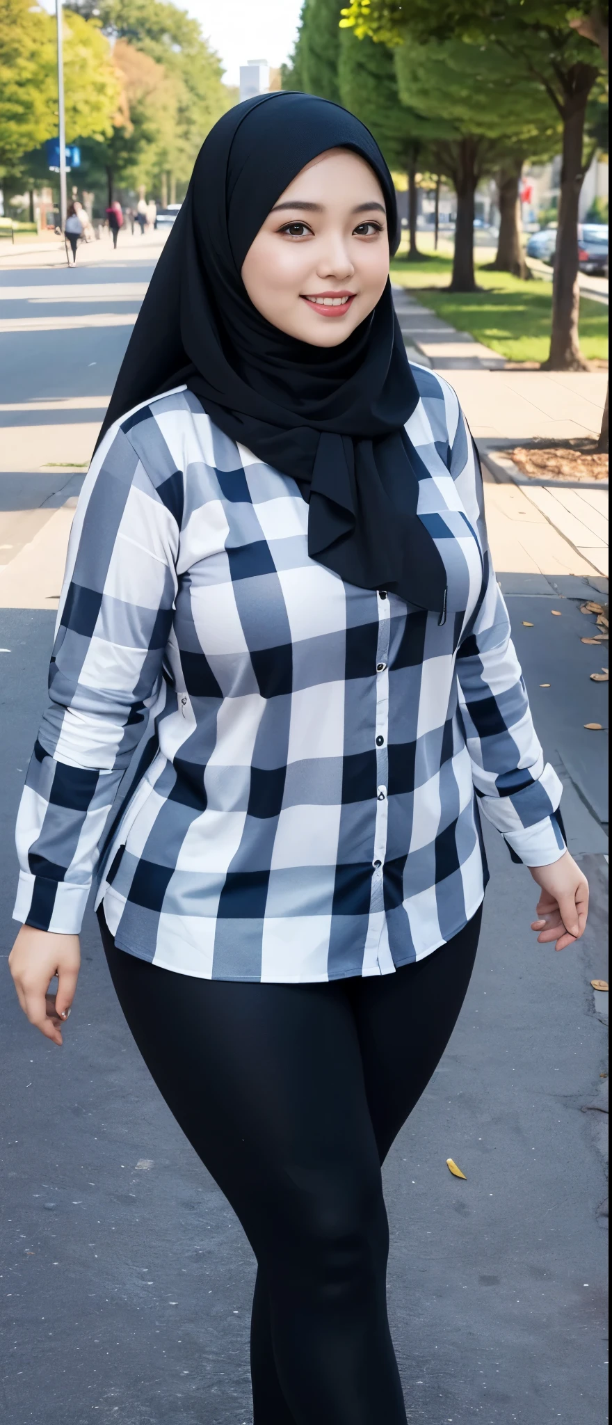 the best masterpiece, chubby hijab woman, beautiful Asian face, full breasts, wearing a checkered shirt, wearing sport leggings, walking in the city park, smiling sweetly, facial details, body details, ultra detailed, realistic quality, fullbody