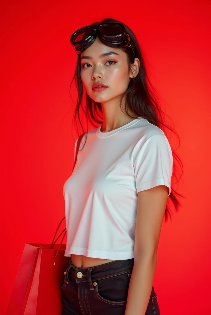 Same girl with the Red background and the t -shirt colour is pure white and medium size t shirt and the girl wear a black colour googles and a shopping bag in her hand . Make sure she stand in different angles and poses