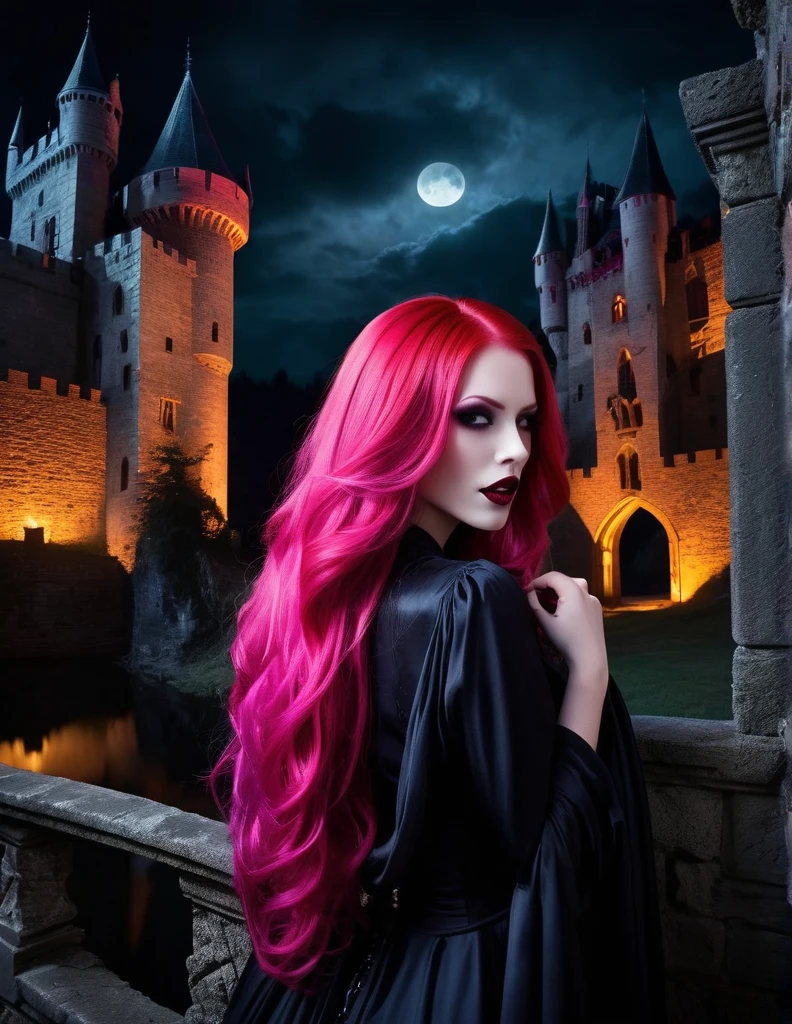 A stunning 2 woman with long, flowing bright pink hair cascading down her back, embodies the essence of a vampire with her fangs dripping with blood. She stands inside a spooky castle at night, in a photograph of exceptional quality. Her pale skin contrasts sharply with her vibrant hair, enhancing the chilling effect of her crimson-stained mouth. The eerie castle backdrop adds to the atmosphere of mystery and darkness, creating a hauntingly beautiful image that is sure to captivate viewers.