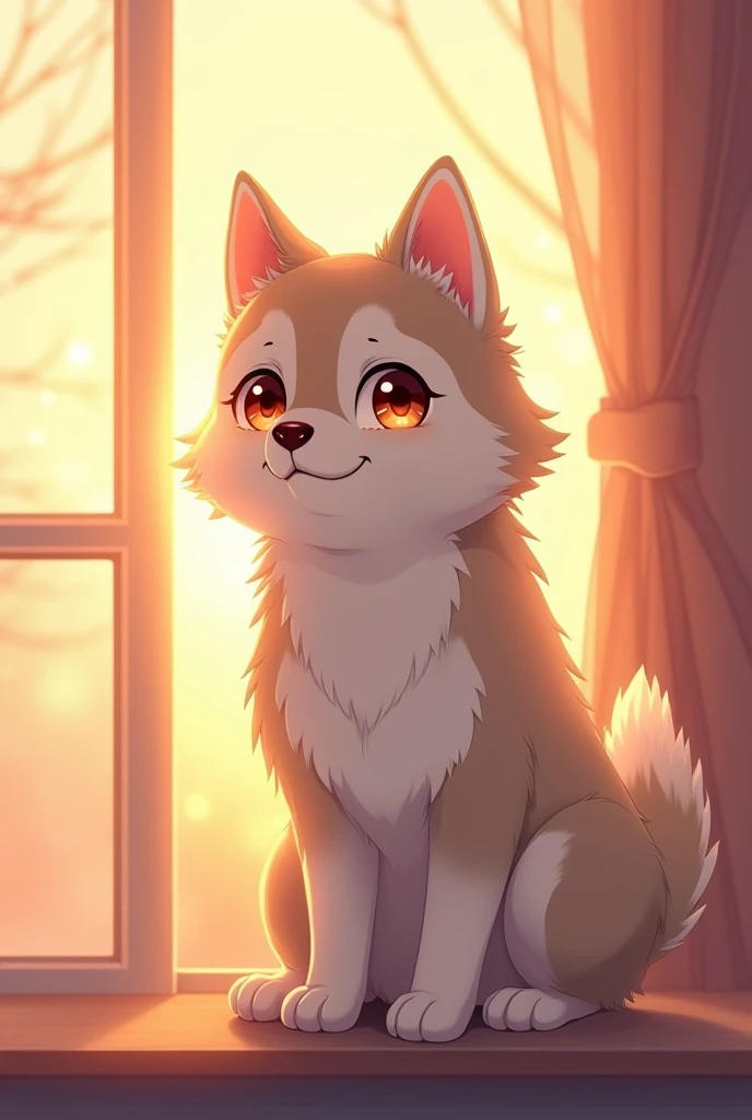 ((Anime style Cute husky Hand-draw Fluffy fur Big sparkling eyes)) ((Golden sunset Warm tones Soft light)) (Sitting by window Playful Curious Gentle smile) Cozy atmosphere Dreamy background Magical feel Pastel colors