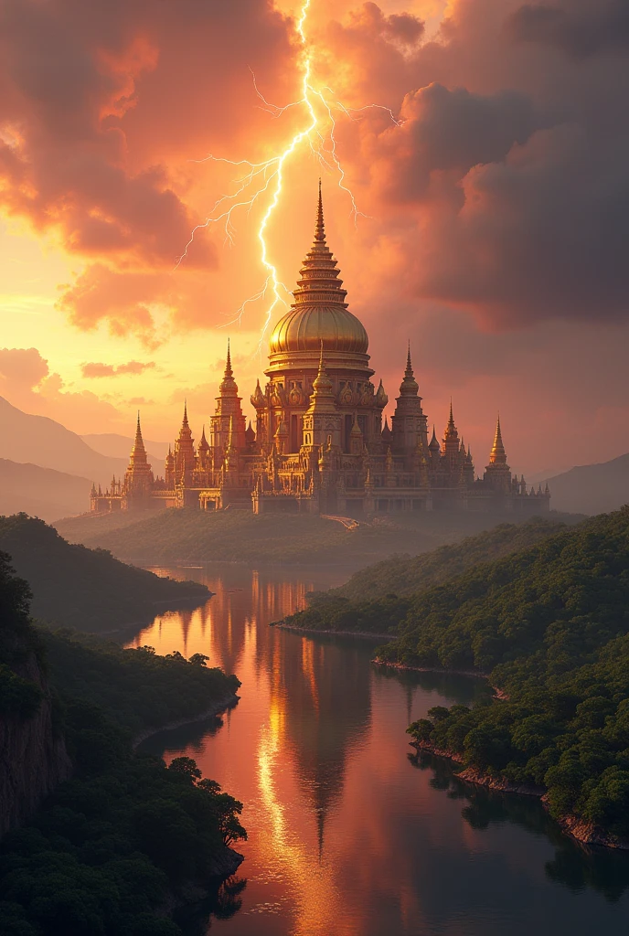 The golden temple in the sunset with thunderbolt 