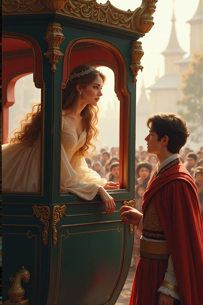A princess looking out of  the royal carriage and a prince looking at her from out side with love and admire for a little far distance surrender by  people of the kingdom
