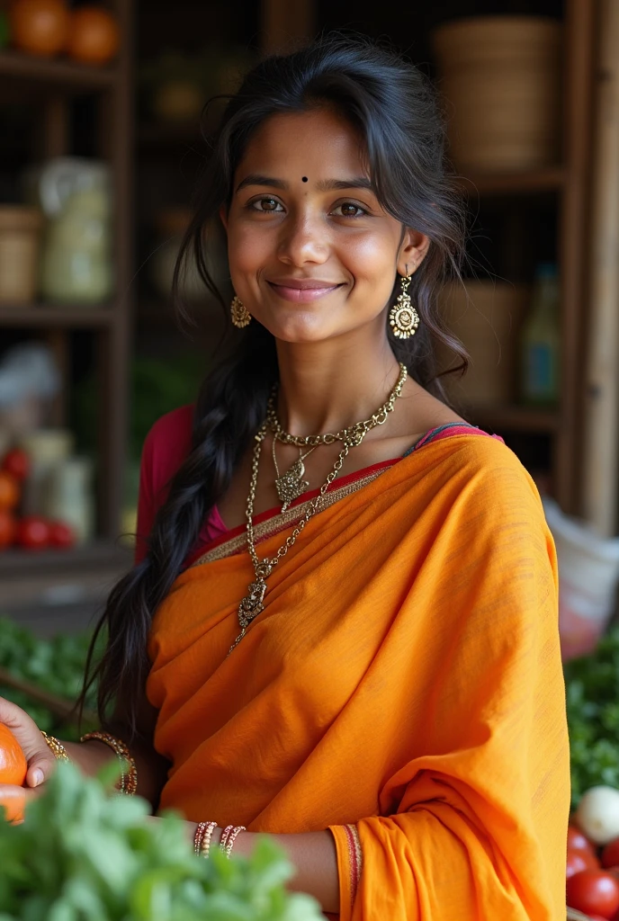 An Indian girl who has set up a vegetable shop is wearing a saree and her breasts are visible outside the saree.