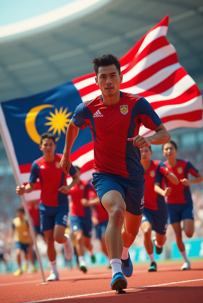 men and women with Malaysia olympics uniform , have element of jalur gemilang