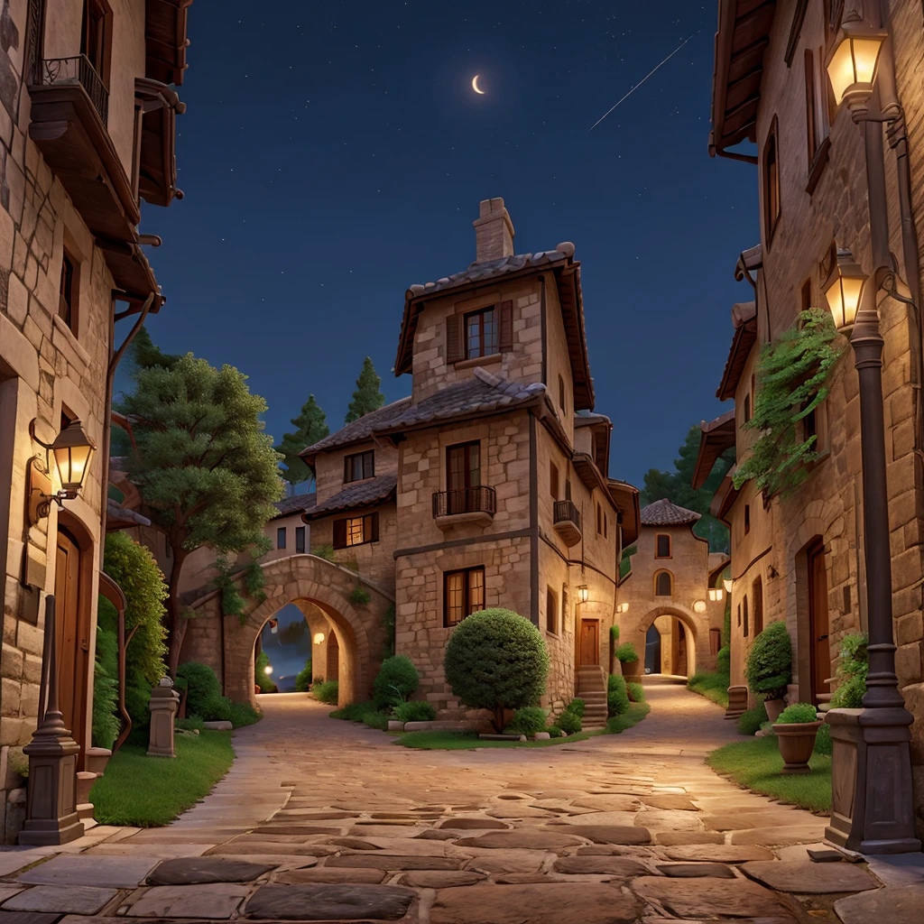 street path with a stone bridge at midnight between narrow alley of old Italian style houses, with counter-point angle