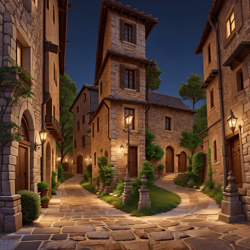 street path with a stone bridge at midnight between narrow alley of old Italian style houses, with counter-point angle