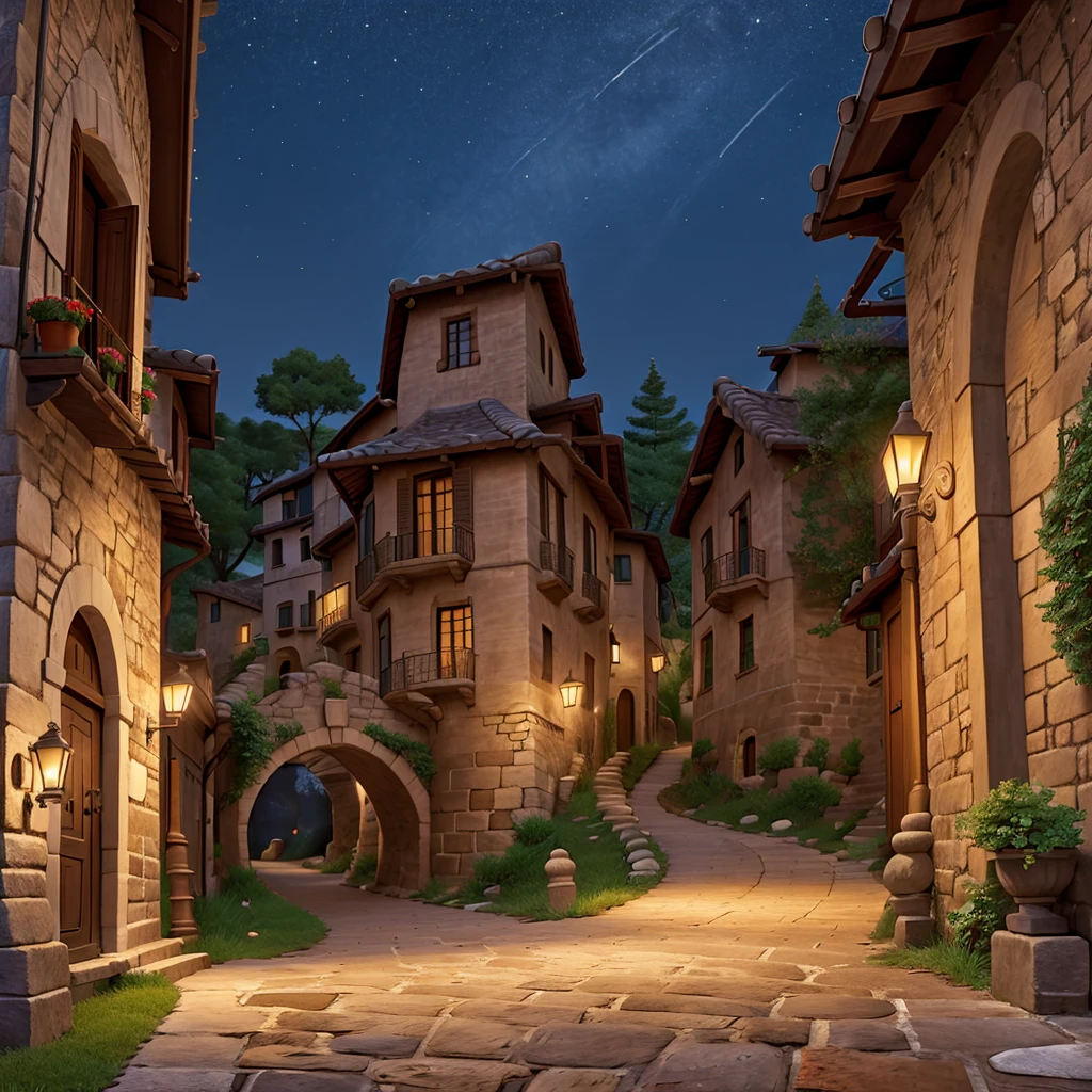 street path with a stone bridge at midnight between narrow alley of old Italian style houses, with counter-point angle