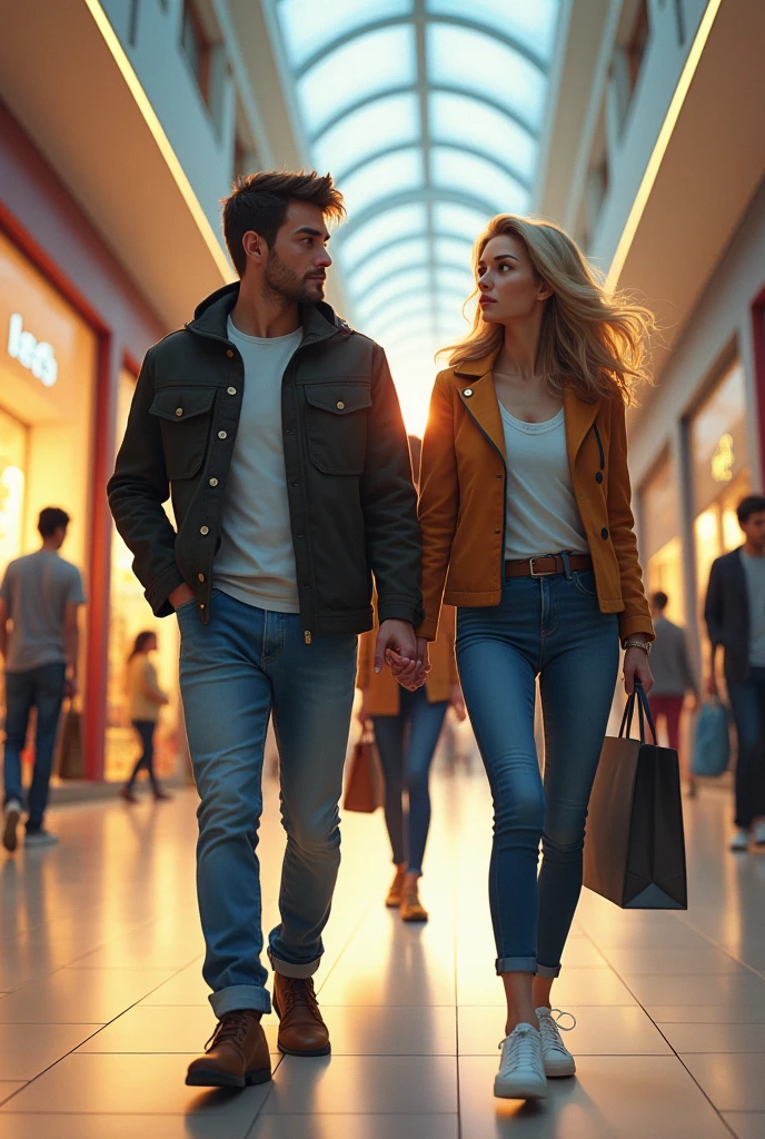two people walking in the mall and one women following them