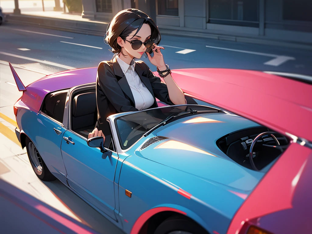 photorealistic, Cool lady with sunglasses in a convertible car.