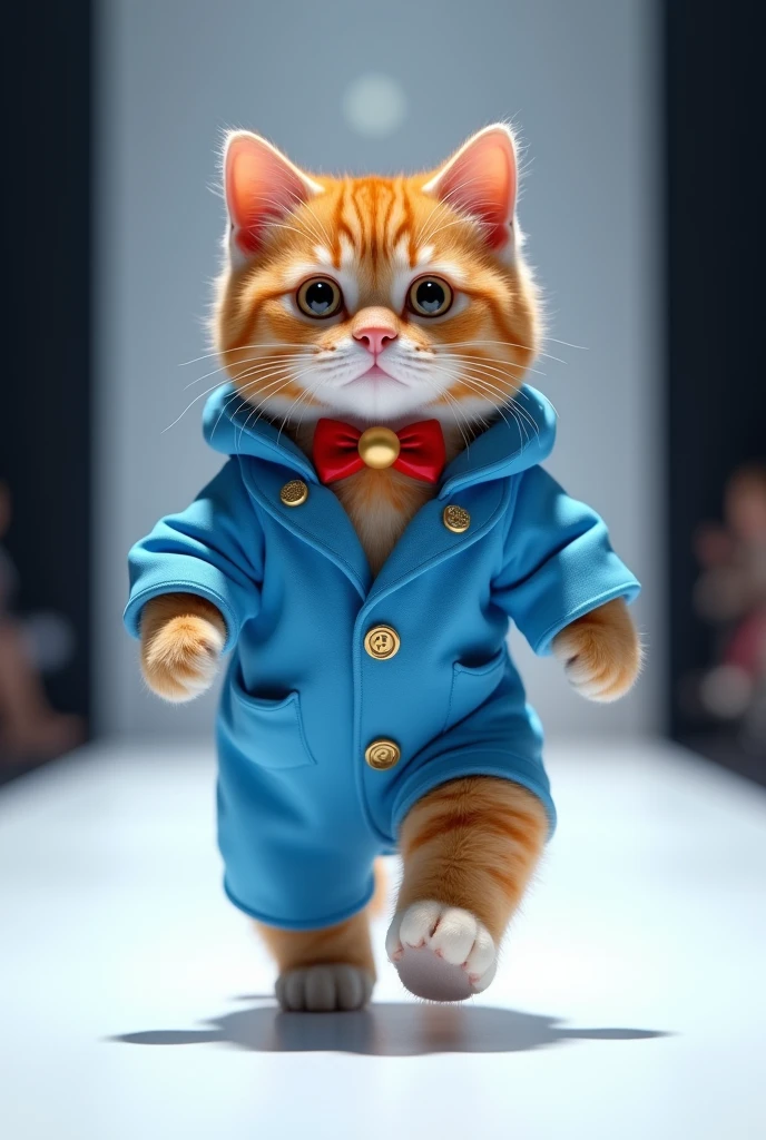 (photorealism:1.2), a cute ginger cat cosing as Doraemon walking on the runway 