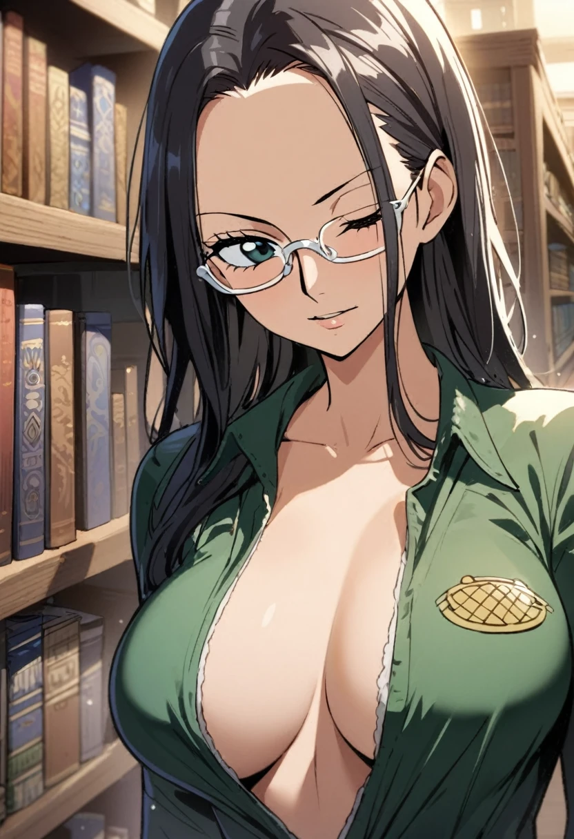 1lady, nico robin\(one piece\),bangs up,forehead,one piece, library research scene, intellectual appearance with glasses, focused expression, wink eye,beckon,surrounded by bookshelves, quiet atmosphere, harmony of intelligence and beauty, masterpiece, best quality, absurdres,