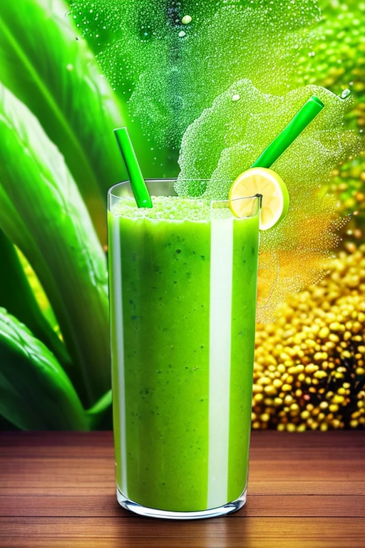 Highest quality, masterpiece, Ultra-high resolution, (Reality: 1.4), Original photo, Image of ingredients falling from a large glass of green smoothie、broccoli、Peas、banana、milk、Kale、Komatsuna、S、Mr.々Vegetables、Overall bright and colorful atmosphere、The background is light green