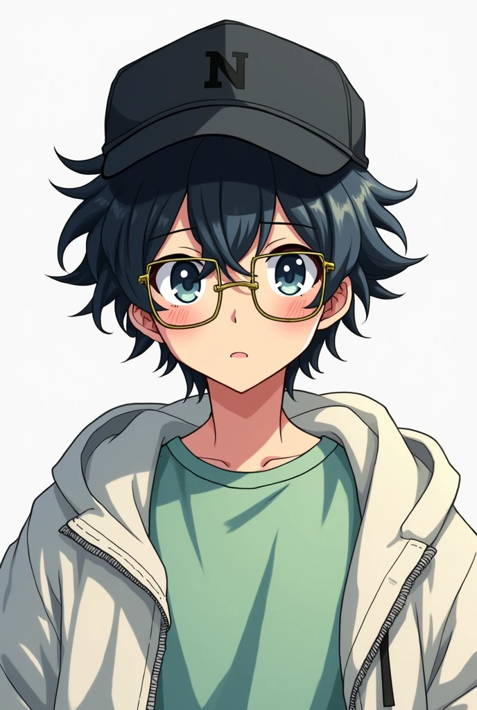 Anime boy, wear cap black, wearing T shirt light green, wear white jacket, hair is wavy and fluffy, black hair, wear glasses, wear square rimmed glasses stainless gold and half top glasses is black, looking something 