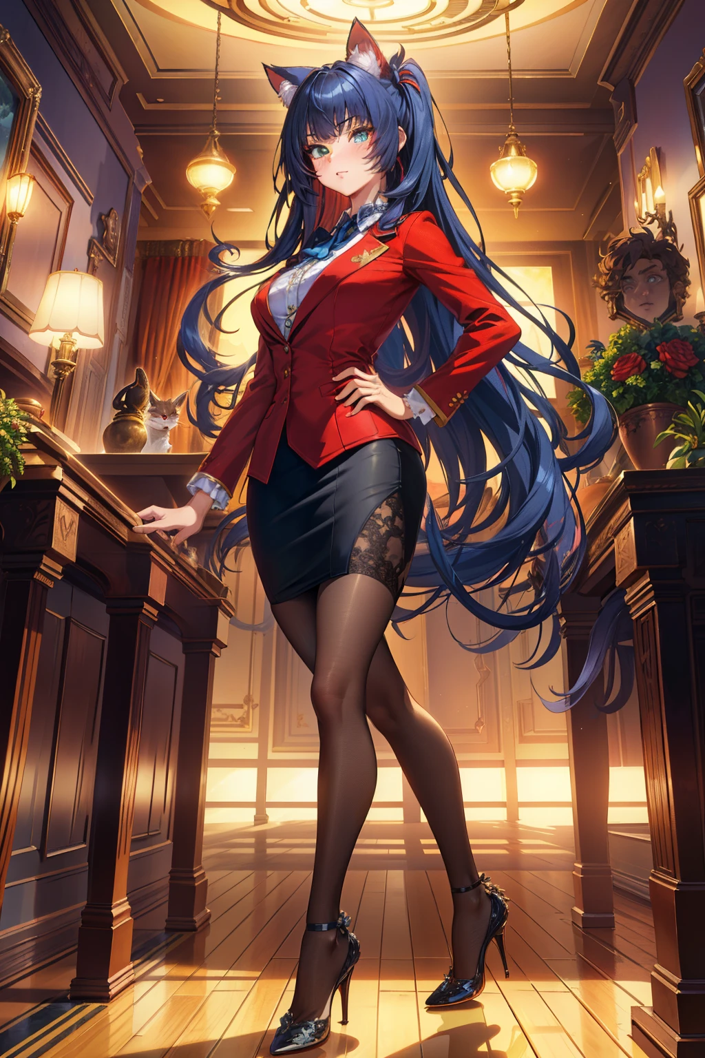 (extremely detailed CG unity 4k wallpaper),(masterpiece),(best quality),(ultra-detailed),(best illustration),(best shadow),(absurdres),(detailed background), Catgirl, Cat tail, Heterochromia, Red blazer, Black pencil skirt, High heels, Elegant, Very long blue hair (Hime), Relaxed standing posture, Hotel reception desk,