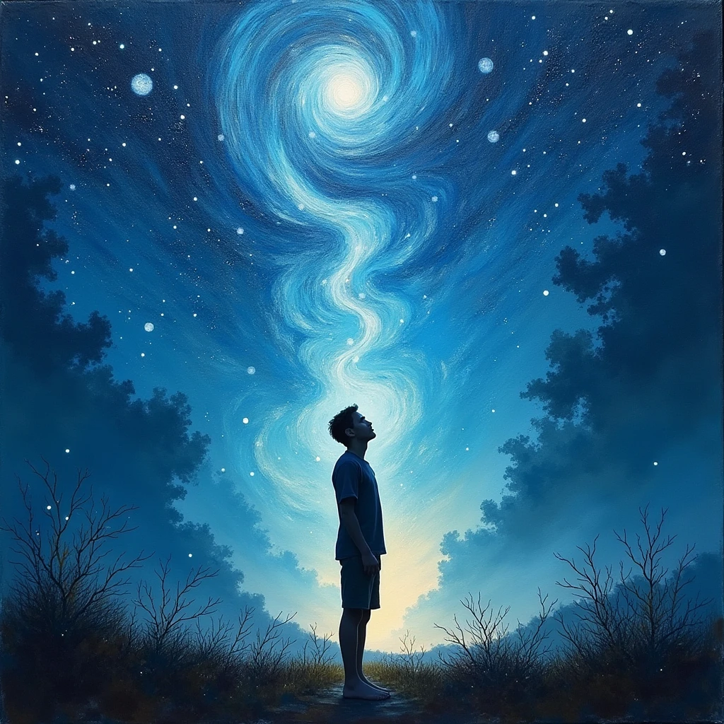 "Due cose riempiono l'animo di ammirazione e venerazione sempre nuova e crescente, quanto più spesso e più a lungo la riflessione si occupa di esse: il cielo stellato sopra di me, e la legge morale in me.", rappresenta questa frase in stile "impressionista", rappresenta questa frase in stile "pennellate di colore"