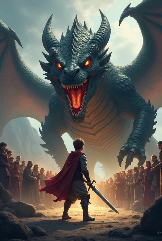 Boy cut down dragon head everyone is encouraging
