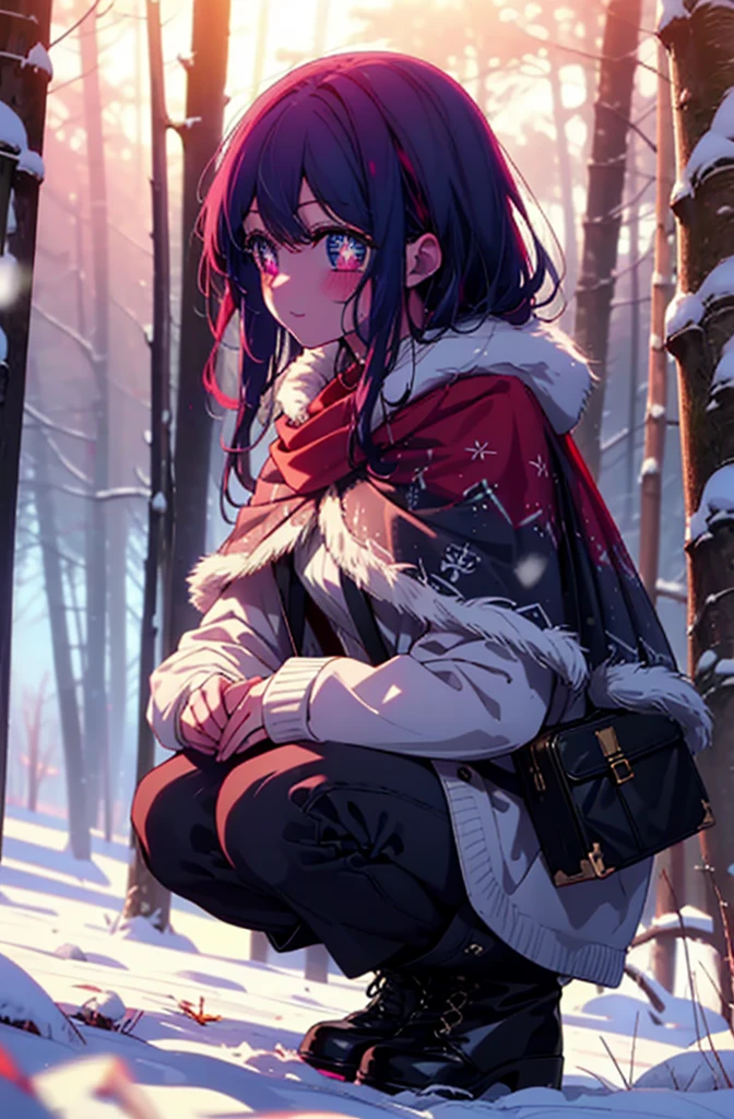 aihoshino, Ai Hoshino, Long Hair, bangs, (Purple eyes:1.1), Purple Hair, (Symbol-shaped pupil:1.5), smile,,smile,blush,white breath,
Open your mouth,snow,Ground bonfire, Outdoor, boots, snowing, From the side, wood, suitcase, Cape, Blurred, , forest, White handbag, nature,  Squat, Mouth closed, Cape, winter, Written boundary depth, Black shoes, red Cape break looking at viewer, Upper Body, whole body, break Outdoor, forest, nature, break (masterpiece:1.2), Highest quality, High resolution, unity 8k wallpaper, (shape:0.8), (Beautiful and beautiful eyes:1.6), Highly detailed face, Perfect lighting, Extremely detailed CG, (Perfect hands, Perfect Anatomy),