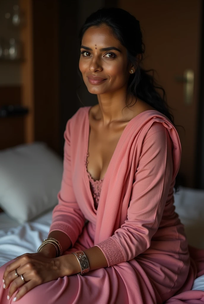 photo of Beautiful Indian Mature Aunty, Dark Skin, Wearing Tight pink Kurti with stole tied around her neck, Showing U Cut Cleavage, Hair tied around her back, Sitting on Bed, Dim light in the room.
