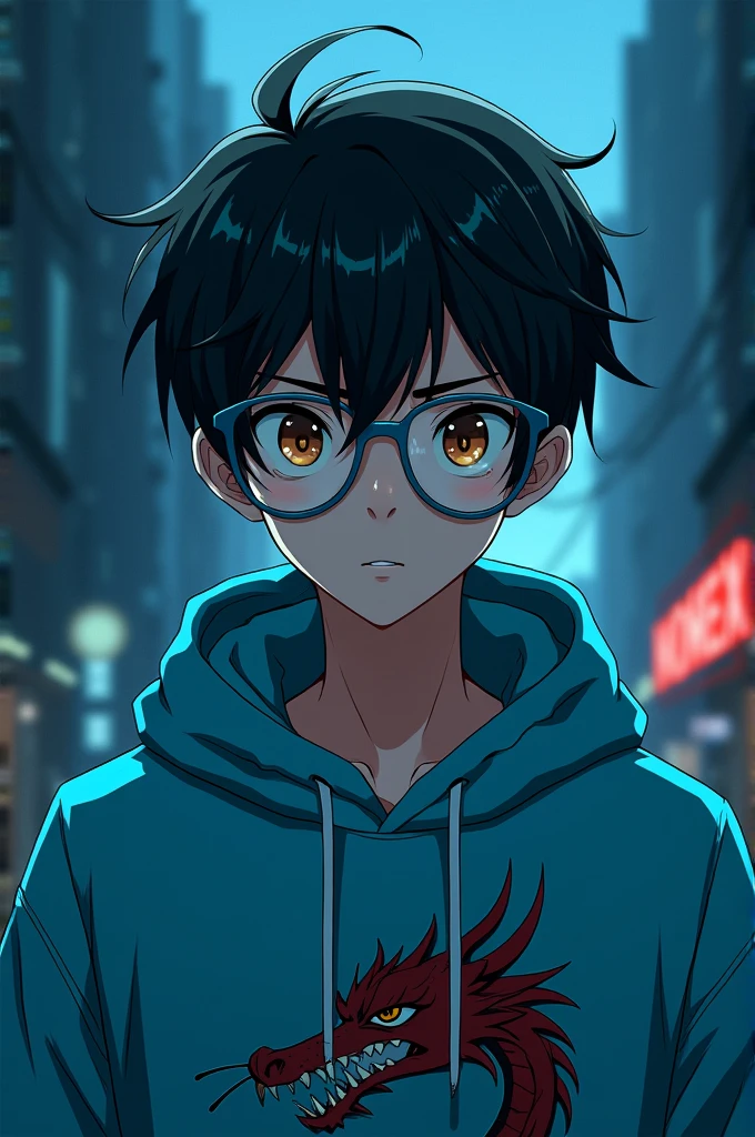 Create an image of NoxRex in an anime art style. NoxRex is a young man with blue-rimmed glasses and an empty expression. He has determined hazel eyes and a mysterious demeanor, wearing a cyan-colored hoodie with a dragon motif. The setting should have dim lighting and a cool vibe. Ensure NoxRex’s determined hazel eyes are prominently featured.