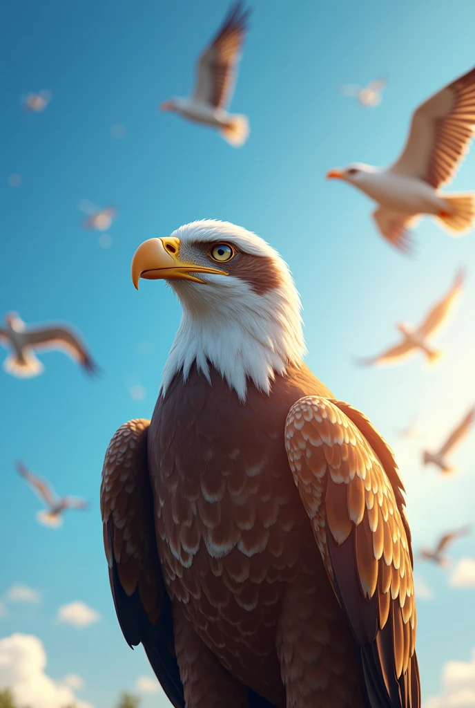 Generate a beautiful blue sky with birds flying and an ultra realistic 8k full hd eagle standing out with the sunlight overhead 