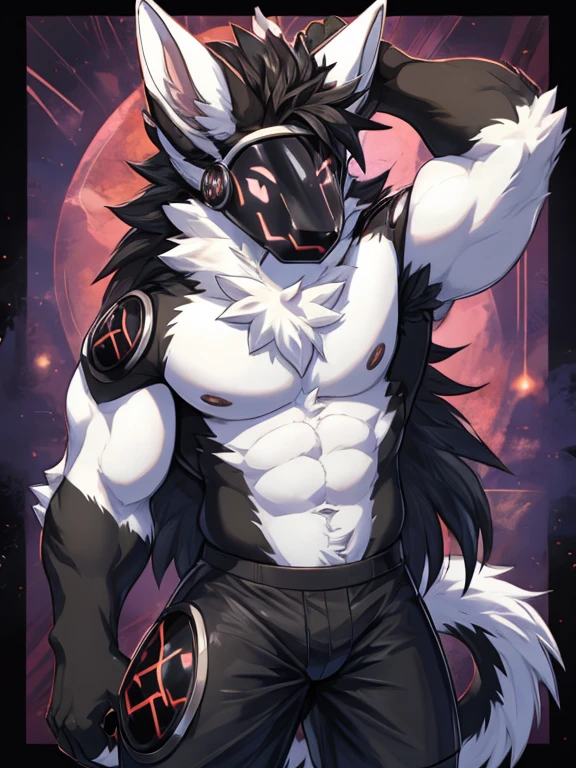 furry, solo, bara, 4 white eyes, 4 ears, 2 black horns, long hair, glasses, a hat, in black shorts, buff pose, protogen mask, shirtless