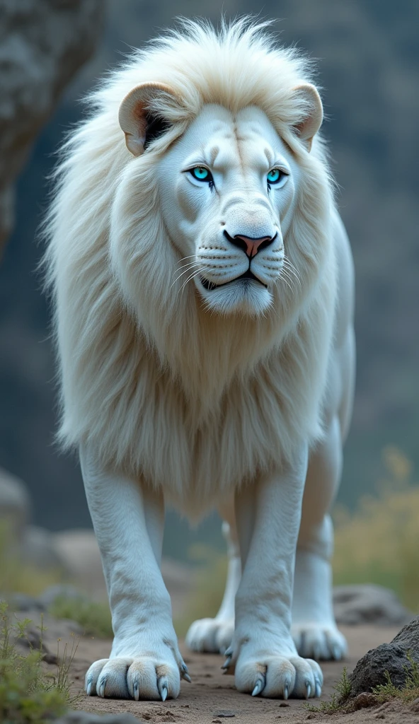 Create an ultra realistic 8k image of a large strong white lion , blue-eyed