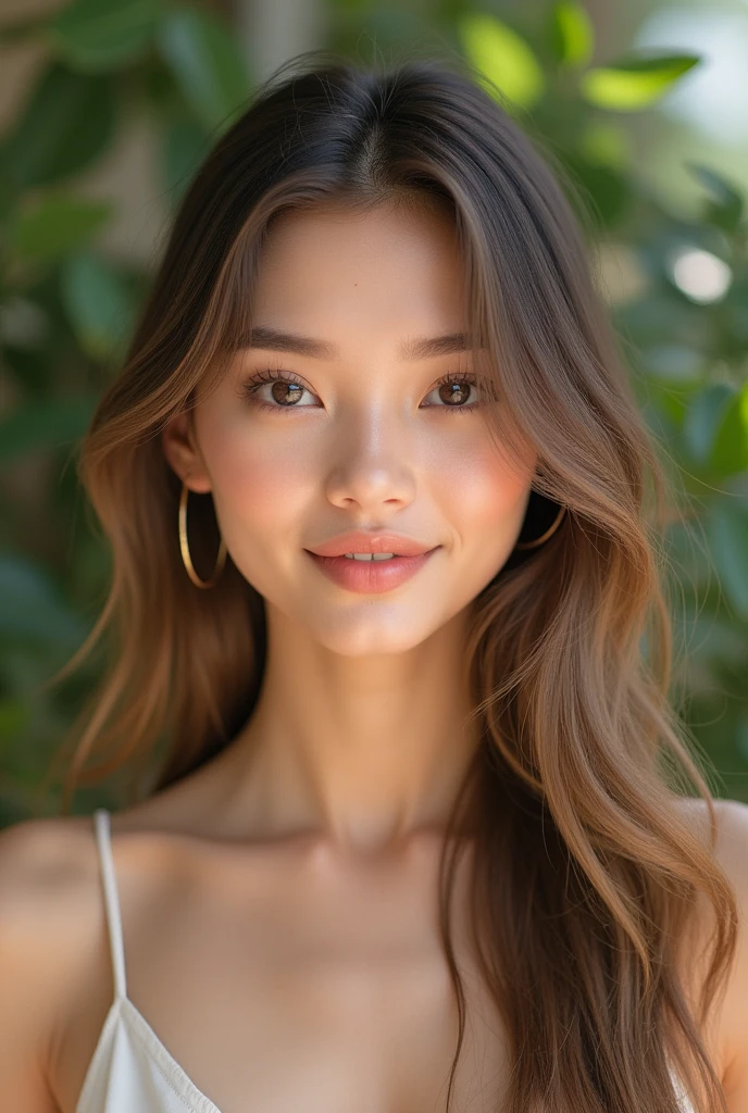 Generate a highly realistic, photorealistic image of a young woman with the following features: long straight hair, fair skin, and light makeup. She should embody a soft, natural look, similar to popular social media influencers. Style her in casual, trendy clothing, and place her in a natural, well-lit setting with diffused lighting. The pose should be relaxed and confident, capturing a vibe of effortless style and elegance. Ensure the facial features are symmetrical, with a focus on realistic skin textures, hair strands, and natural shadows. The final image should look like a real photograph, making it indistinguishable from an actual person.