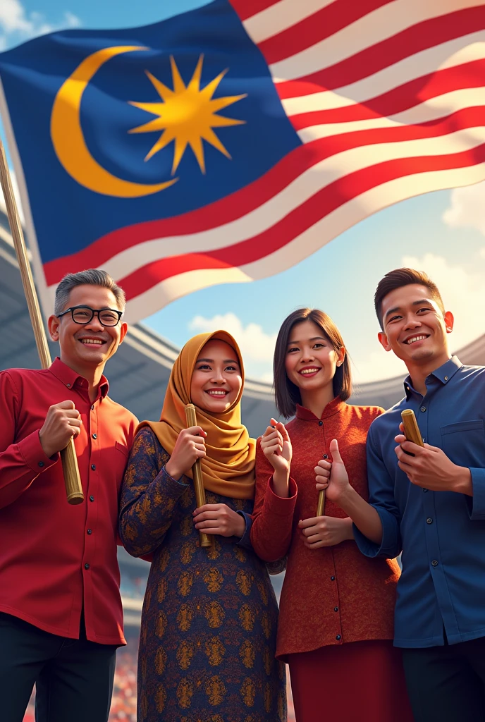 men and women with baju rasmi Malaysia olympics  , have element of jalur gemilang