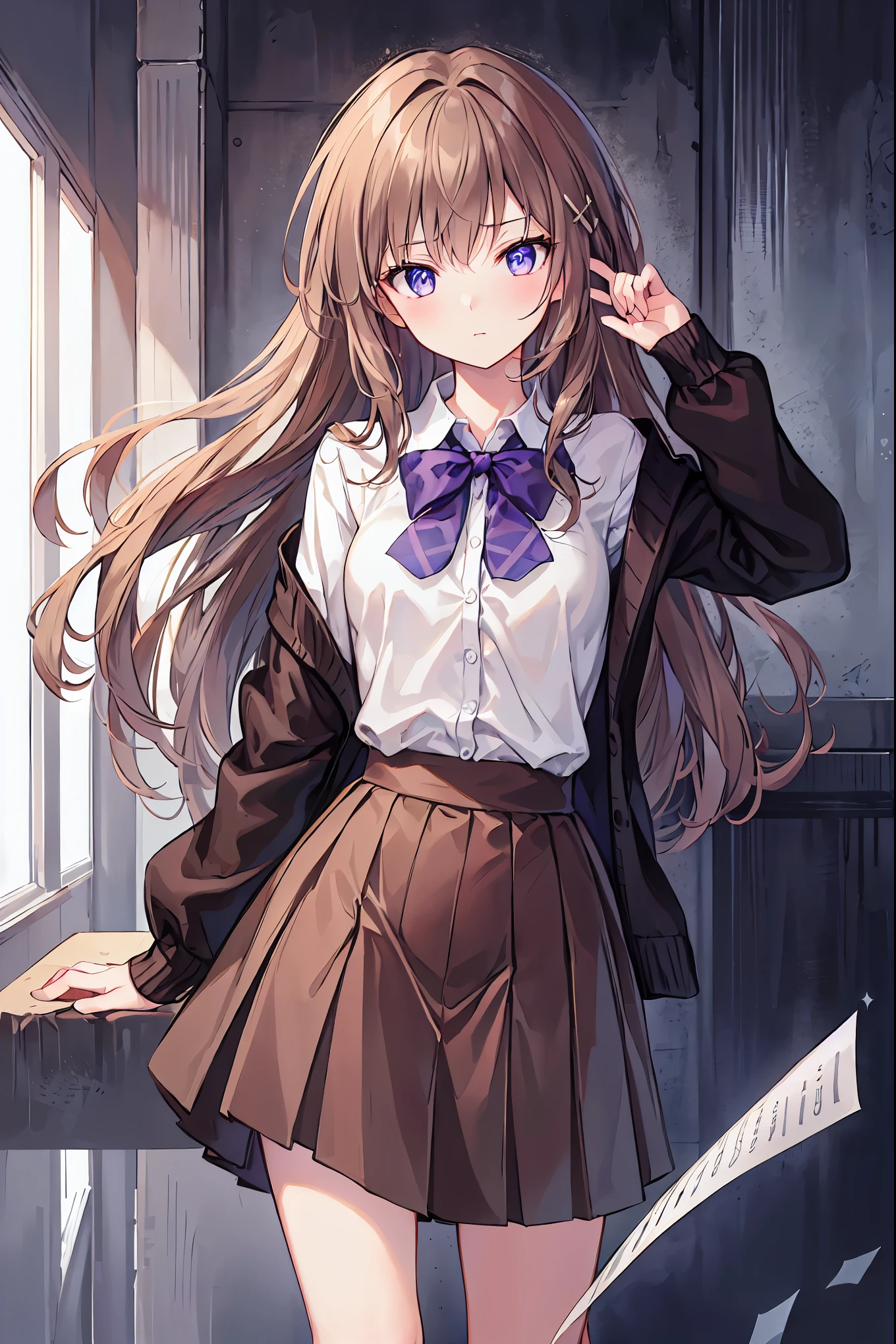 Brown Hair,Shortcuts,Messy Hair,Slender beauty,A dignified posture,Small chest,Beautiful feet,Her captivating grey-blue eyes shine like stars,,Light brown hair, Long Wavy Hair, Portraiture, , Cowardly, Kindness, Deep purple eyes, blouse, cardigan, Ear Set, Short tie, Well-groomed bangs,break (masterpiece:1.2), Highest quality, High resolution, unity 8k wallpaper, (shape:0.8), (Beautiful attention to detail:1.6), Highly detailed face, Perfect lighting, Extremely detailed CG, (Perfect hands, Perfect Anatomy),The whole body is visible,Red loafers