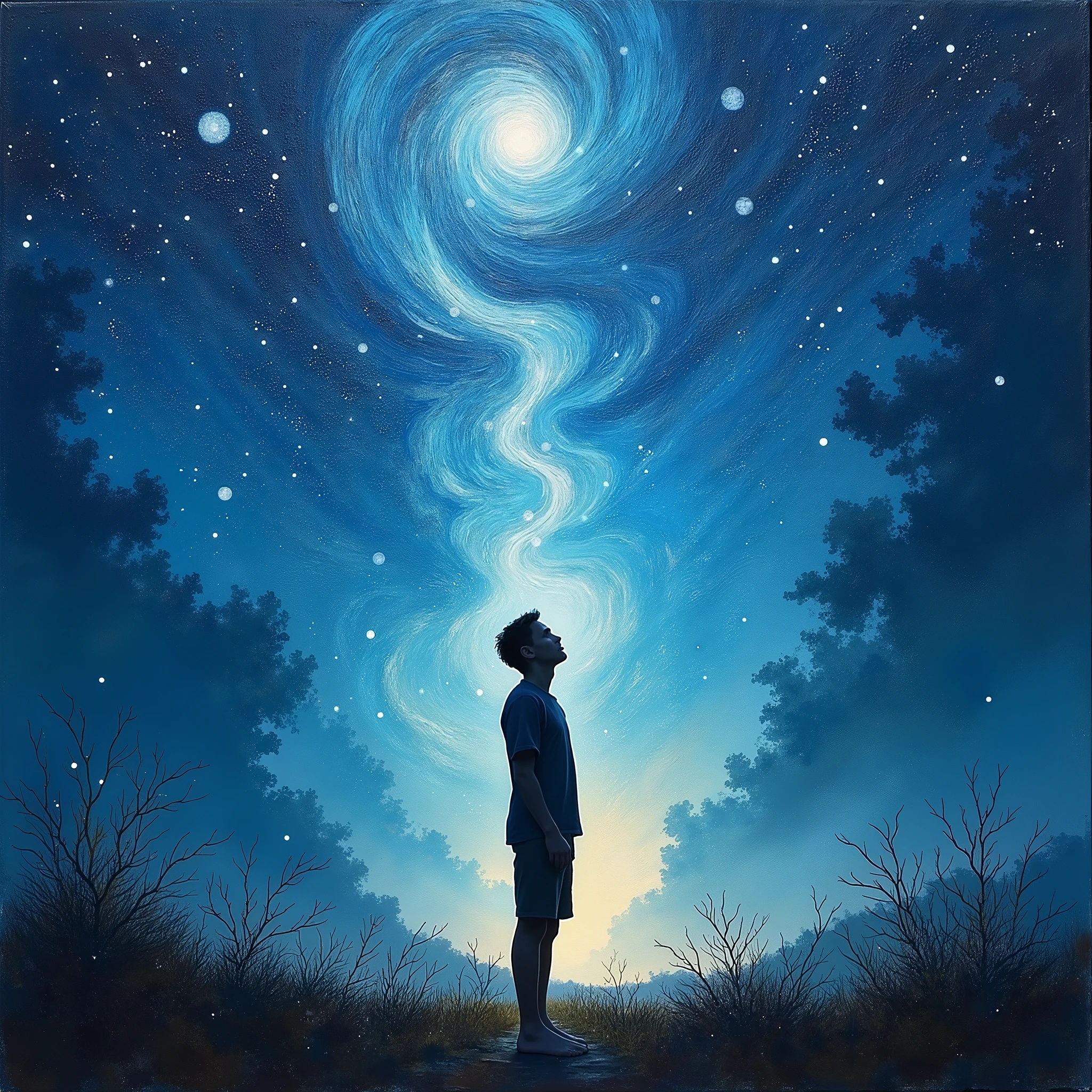 "Due cose riempiono l'animo di ammirazione e venerazione sempre nuova e crescente, quanto più spesso e più a lungo la riflessione si occupa di esse: il cielo stellato sopra di me, e la legge morale in me.", rappresenta questa frase in stile "impressionista", rappresenta questa frase in stile "pennellate di colore"