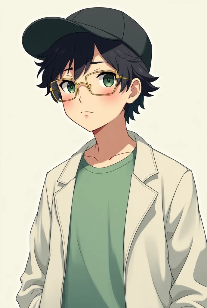 Anime boy, wear cap black, wearing T shirt light green, wear white jacket, hair is wavy and fluffy, black hair, wear glasses, wear square rimmed glasses stainless gold and half top of glasses is black, and looking something 