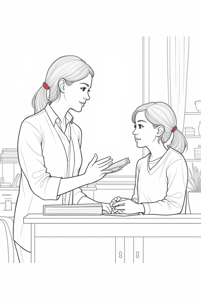 I want a colouring page of a teaching scene where in a female teacher is teaching a female student this image is perfect just remove the colours and give me the outline of the skit